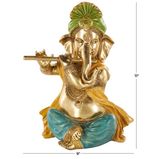 11" Gold Resin Ganesh Musician Decorative Sculpture